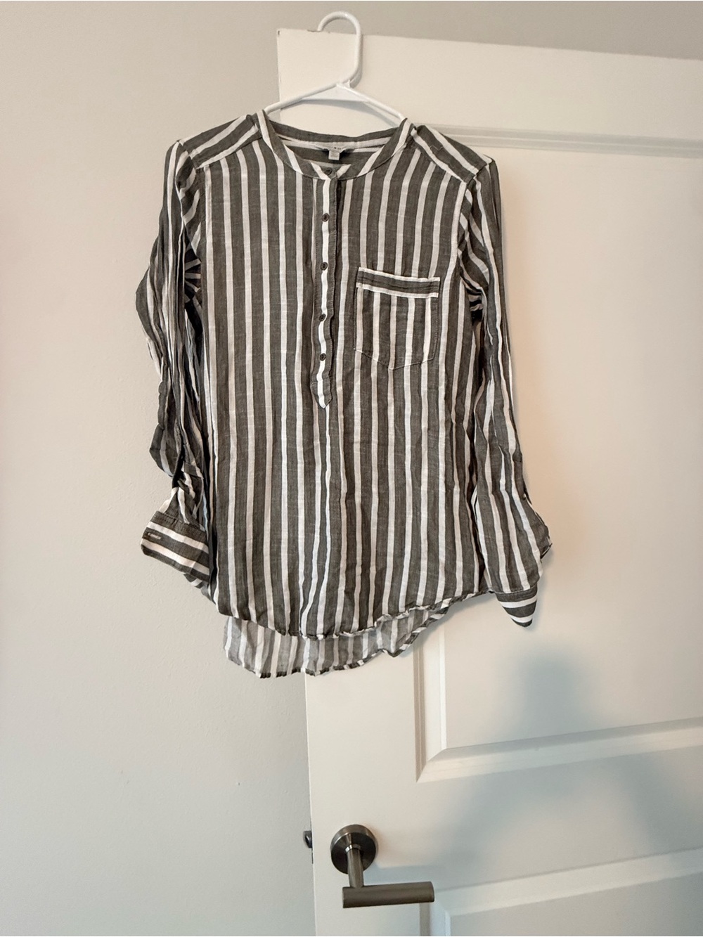 Lucky Brand Vertical Striped Henley Shirt - Gray & White